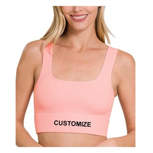 Custom Text Ribbed Bra Crop Top, Business Logo Square Neck Crop Bralette, Personalized Rib Crop Top, Bachelorette Party Workout Top