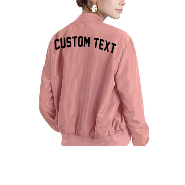 WOMENS CUSTOM Pink Cargo Lightweight Bomber Jacket- Long Sleeve Zip Up Pink Bomber Jacket- Classic Personalize Bomber Jacket- Custom Text