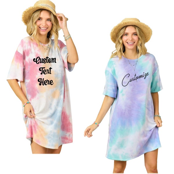 Custom Text Pink or Blue Tiedye Shirt Dress, Bachelorette Party Matching Outfits, Tiedye Crewneck Short Sleeve T-Shirt Dress, Beach Coverup