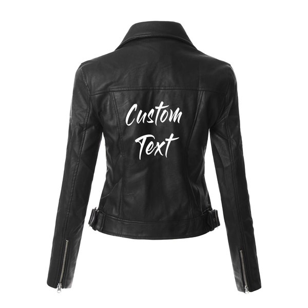 CUSTOM TEXT Black Leather Crop Jacket- Personalize Black Moto Faux Leather Jacket- Gift for Her- Choose Font Buttery Soft Faux Leather Moto