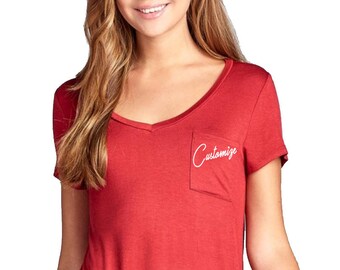 CUSTOM TEXT Any Color V-neck Pocket T 