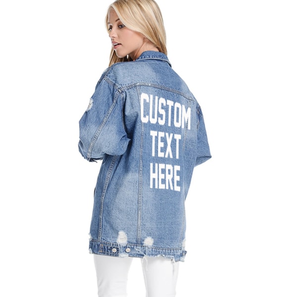CUSTOM TEXT Long Oversized Denim Jacket Mid-Wash Vintage Inspired and Distressed Outerwear Jacket Distressed Custom Text Jean Denim Jacket