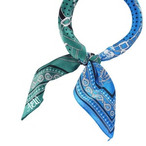 CUSTOM TEXT Blue Green Modern Print Satin Bandana Neck Scarf- Customize Your Own Hair Scarf- Abstract Geometric Neck Tie Scarf Gift for Her