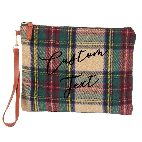 CUSTOM TEXT Green and Red Plaid Clutch Tote Bag  and Leather Wristlet- Customize Your Own Holiday Plaid Clutch- Gift for Her