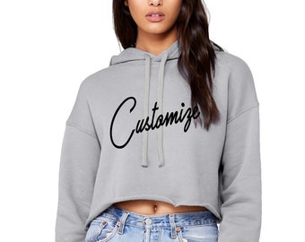 CUSTOM TEXT Soft Fleece Long Sleeve Crop Sweatshirt- Customize Hooded Silver Grey Crop Sweater- Gift for Her- Custom Hoodie for Her- Trendy