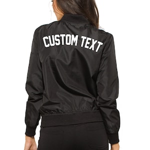 WOMENS CUSTOM Black Bomber Jacket- Long Sleeve Zip Up Black Bomber Jacket- Classic Personalize Bomber Jacket- Custom Text- Bride Jacket