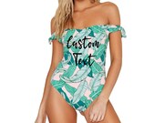 Personalized Pink Palm Leaf One Piece Swimsuit with Tie Shoulder Straps, Custom Text Tropical Monokini, Bachelorette Party Matching Suits
