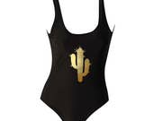 Gold Cactus Black One Piece Swimsuit- Fun Letter Saying Monokini Swimwear- Gold Waterproof Letters- Womens Monokini- Pool Party- Vacation