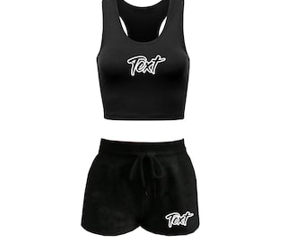Custom Text Black Racerback Crop Tank Matching Black Drawstring Shorts, Personalized Matching Lounge Set, Sorority Outfit Bachelorette Party