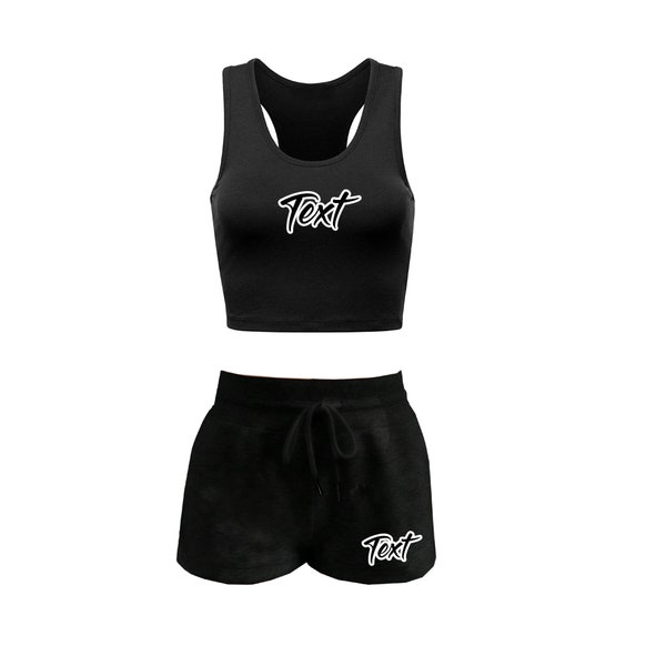 Custom Text Black Racerback Crop Tank Matching Black Drawstring Shorts, Personalized Matching Lounge Set, Sorority Outfit Bachelorette Party