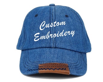 Custom Denim Hat, Embroidered Dad Hat, Personalized Baseball Cap, Monogram Jean Hat, Custom Text Hat with Stitching and Faux Leather Accent