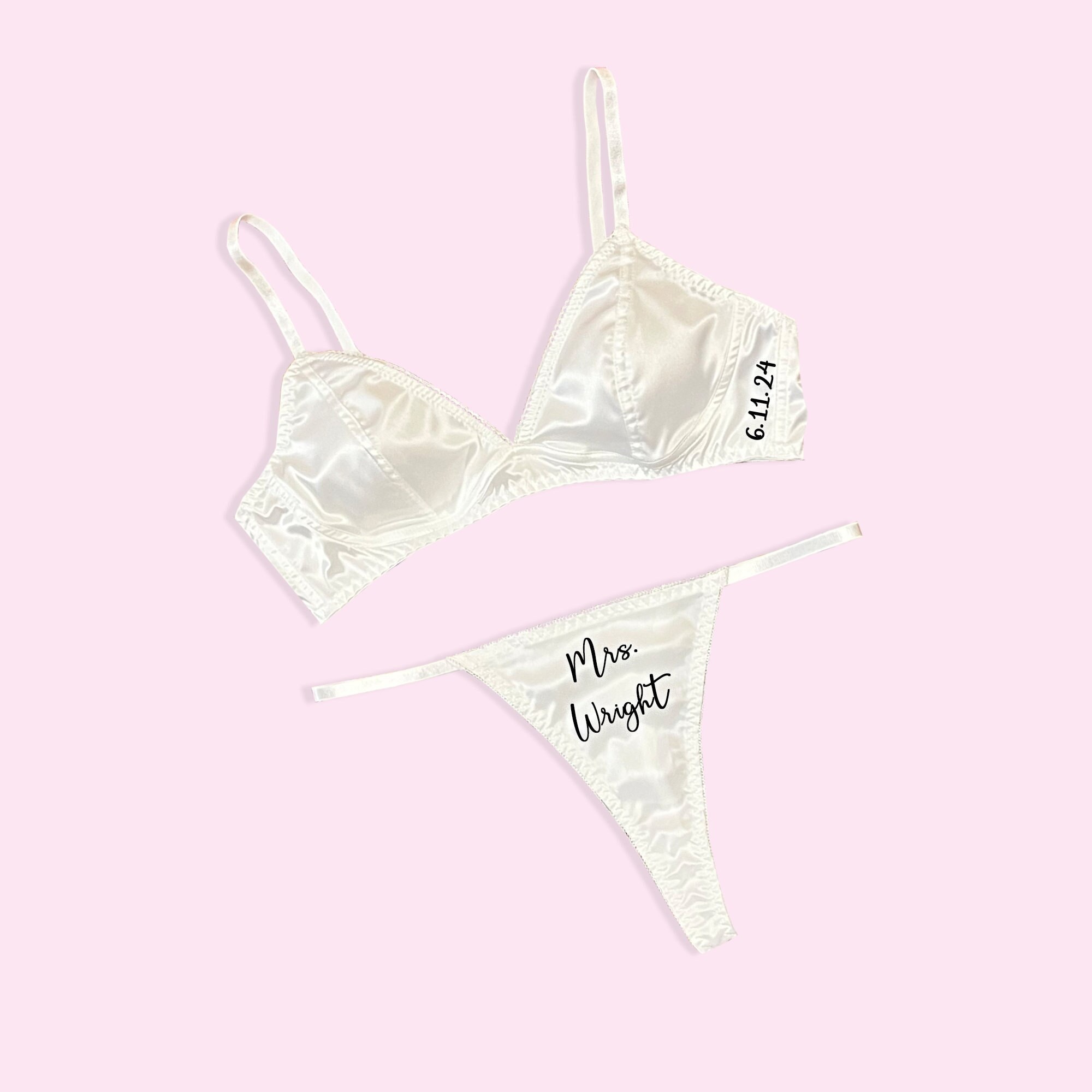 Personalized Mrs Bridal White Lingerie Set, Bride White Satin Bra Underwear Set, Simple Chic Honeymoon Customized Wedding Date Bra Undies