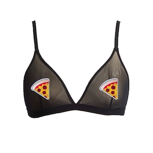 Sheer Mesh Bralette- Pizza Pasties Black Sheer Bralette- Pepperoni Applique Bra w Adjustable Straps- Fashion Mesh Bralette for Women Teens