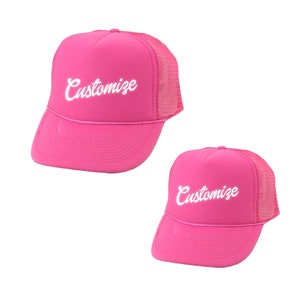 Personalized Adult or Youth Hot Pink Trucker Hats, Mom and Me Matching Sun Caps, Custom Name Text Birthday Gift for Her, Bachelorette Party