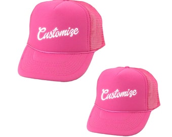 Personalized Adult or Youth Hot Pink Trucker Hats, Mom and Me Matching Sun Caps, Custom Name Text Birthday Gift for Her, Bachelorette Party