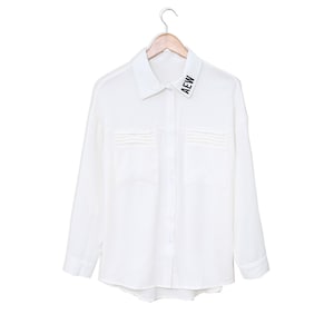 Personalized Initials White Button Up Shirt, Monogram Gift for Her White Collar Button Down Shirt, White Solid Pocket Long Sleeve Dress Top