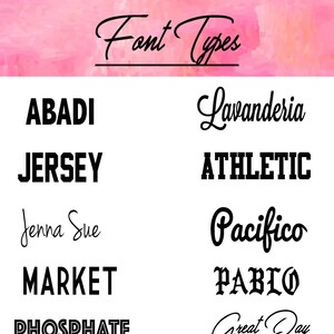 May include: A graphic image showing different font types, including "Abadi", "Jersey", "Jenna Sue", "Market", "Phosphate", "Lavanderia", "Athletic", "Pacifico", "Pablo", and "Great Day".