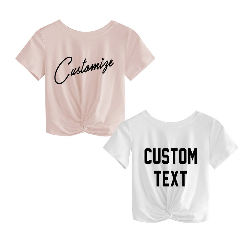 Custom Text White or Pink Twist Front Short Sleeve Crop Midi Top Shirt Customize TWIST FRONT Top Bachelorette Trendy Personalized T-Shirt image 1