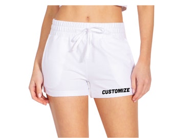 Custom Text White Drawstring Shorts, Personalized Workout Out Lounge Terry Shorts, Business Logo, Bridal Get Ready Short Cotton Terry Basic