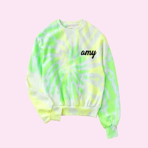 Personalized Neon Green Cropped Tie Dye Sweatshirt, Custom Monogram Fleece Sweater, Bachelorette Party Shirts, Bridesmaid Gifts from Bride