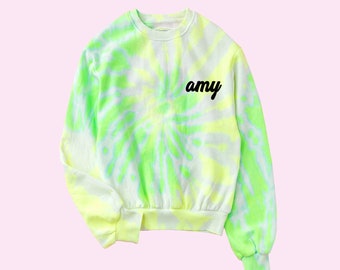 Personalized Neon Green Cropped Tie Dye Sweatshirt, Custom Monogram Fleece Sweater, Bachelorette Party Shirts, Bridesmaid Gifts from Bride