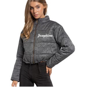 Personalized Metallic Sparkle Glitter Bomber Jacket, Monogram Shiny Sparkly Crop Puffer Jacket with Drawstring, Iridescent Padded Jacket