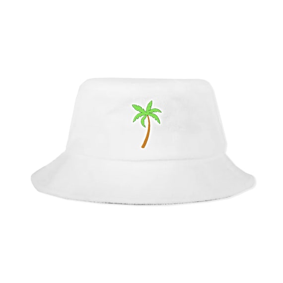Chapeau Seau En Tissu éponge, Broderie Fleurs Blanches, Une Taille Unisexe