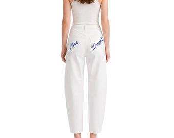 Personalized Bride Jeans, Mrs Embroidered Pants, Custom Wedding Pant Bridal Shower Gift, Honeymoon Outfit, Bachelorette Party Outfit