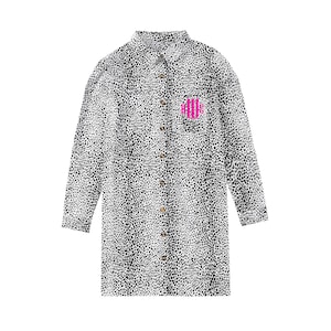 Custom Monogram Snow Leopard Shirt Dress, Personalized Animal Print Beach Swim Cover Up, Bachelorette Party Button Down Collar Kimono