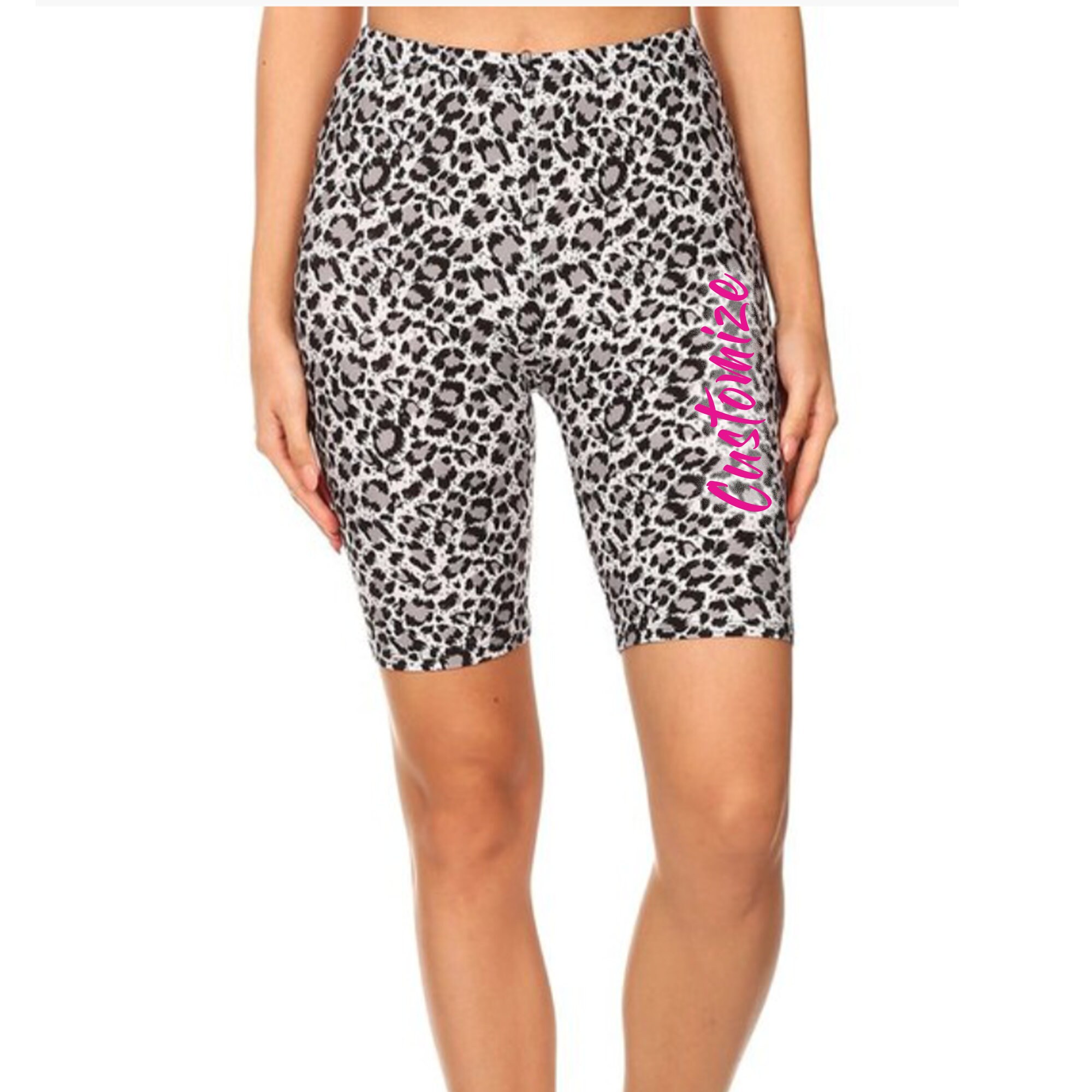 Personalized Snow Leopard Basic Biker Shorts, Stretchy Animal Print Customized Yoga Long Shorts, Bachelorette Party Favors, Beach Gym Logo