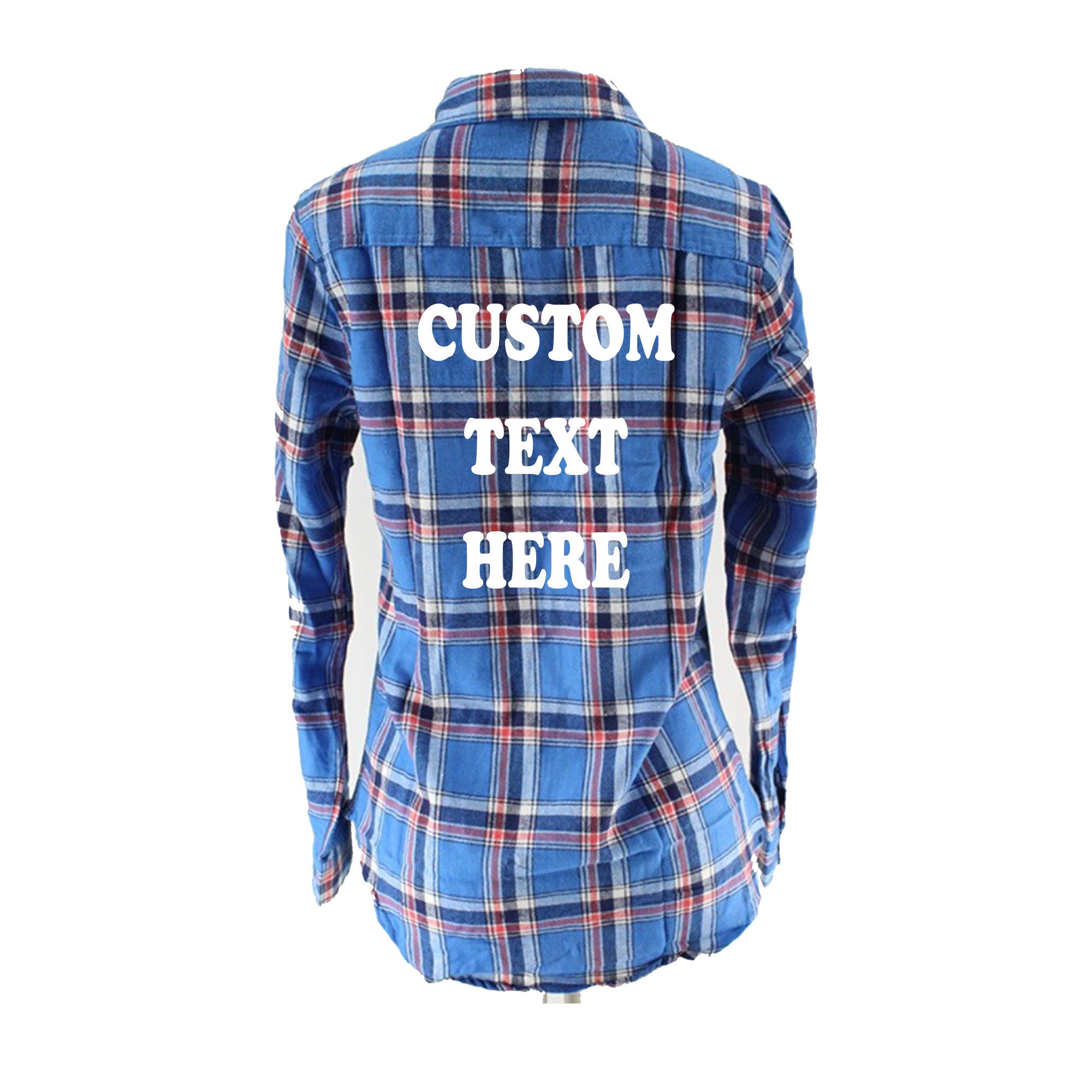CUSTOM TEXT Blue Plaid Long Sleeve Snap 
