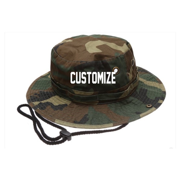 Personalized Camo Bucket Hat with Chin Strap, Custom Embroidery Camouflage Sun Hats, Hunting and Fishing Cap, Outdoors Summer Hat