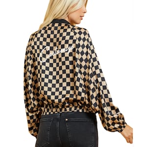 Personalized Black and Gold Checkered Bomber Jacket, Monogram Retro Check Print Jacket, Business Logo Bachelorette Party Zip Up Gift for Her