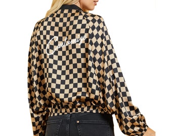 Personalized Black and Gold Checkered Bomber Jacket, Monogram Retro Check Print Jacket, Business Logo Bachelorette Party Zip Up Gift for Her