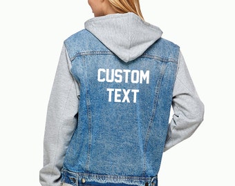 Custom Text Denim Jacket w Hoodie, Mid Wash Grey Hoodie Denim Jacket, Game Day Jacket, Gift for Her, Personalized Embroidery Jean Button Up