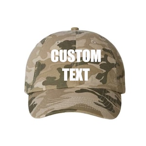 Custom Text Tan or Grey Camo Dad Hats, Unstructured Adjustable Embroidered Baseball Camouflage Caps, Hunting Fishing Outdoors Trendy Camo