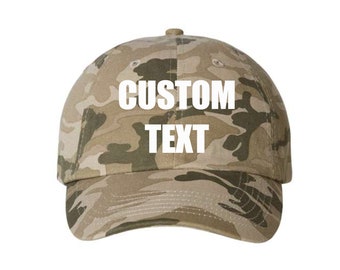 Custom Text Tan or Grey Camo Dad Hats, Unstructured Adjustable Embroidered Baseball Camouflage Caps, Hunting Fishing Outdoors Trendy Camo
