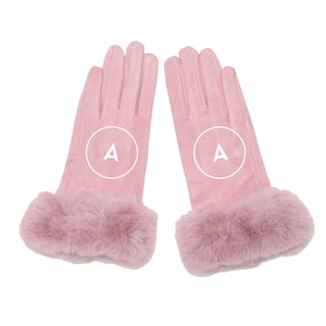 Monogram initialen roze bonthandschoenen - dames lichtroze bontmanchet Smart Touch-handschoenen - gepersonaliseerde kousvuller voor haar - rijhandschoenen