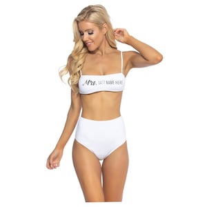 Mrs Swimsuit, Personalized White High Waisted Bikini, Bride to Be Swimsuit, Honeymoon or Bachelorette Party Suit, Bandeau Two Piece Set