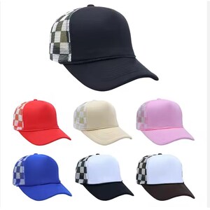 Personalized Checkered Print Two Tone Trucker Hats, Custom Text Check Print Mesh Trucker Hats, Bachelorette Party Favors, Logo, Sports Cap image 5