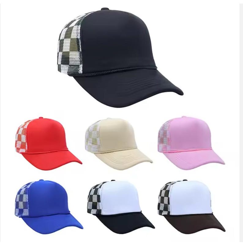 Personalized Checkered Print Two Tone Trucker Hats, Custom Text Check Print Mesh Trucker Hats, Bachelorette Party Favors, Logo, Sports Cap image 5
