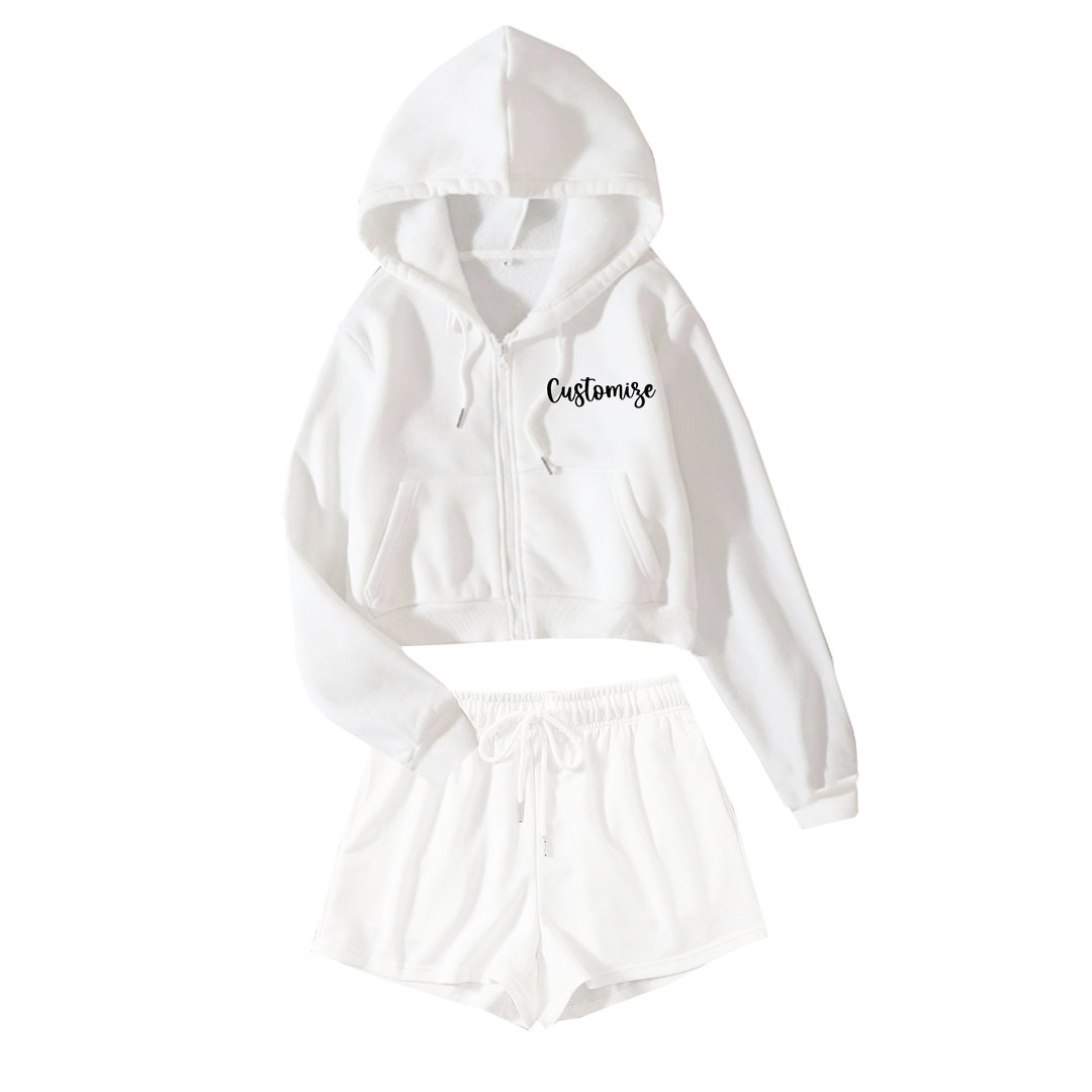 トップス comme si studio Hoodie Set Top (White) Customized White Lounge Set, White Oversized Cropped Hoodie