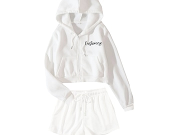 Customized White Lounge Set, White Oversized Cropped Hoodie Drawstring Shorts, Wedding Day Getting Ready Outfit, Personalized Honeymoon Set