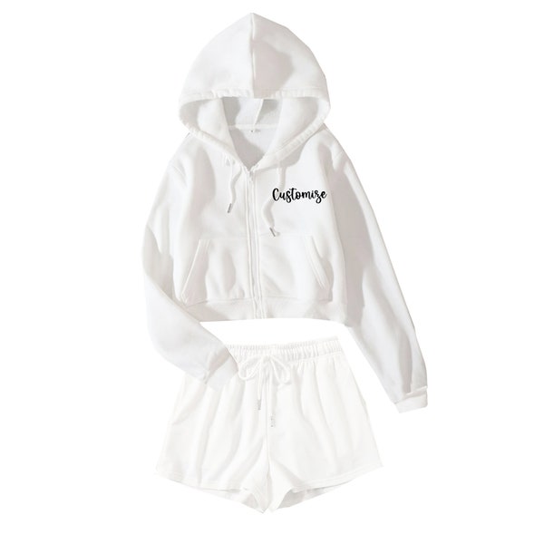 Customized White Lounge Set, White Oversized Cropped Hoodie Drawstring Shorts, Wedding Day Getting Ready Outfit, Personalized Honeymoon Set