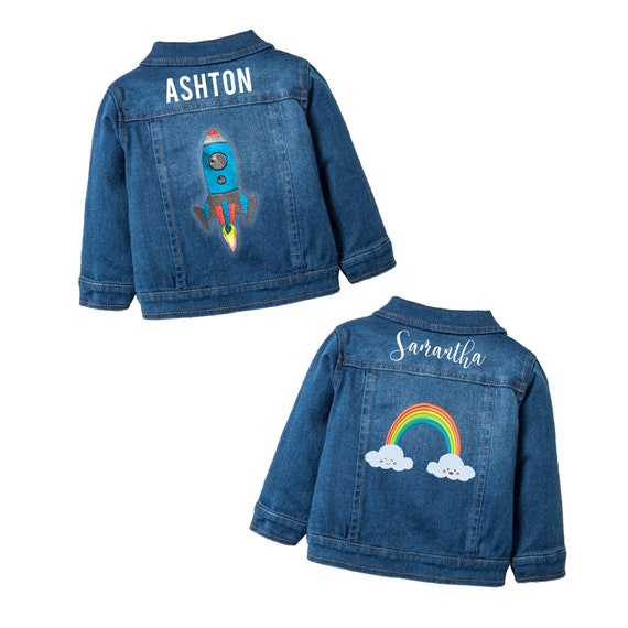 PERSONALIZED KIDS Denim Jackets Embroidered Rocket Rainbow 