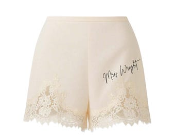 Personalized Satin Lace Shorts, Mrs Customized Eyelash Trim Satin Boxer Lounge Shorts, Bridal Gift Wife, Honeymoon Gift, Bachelorette Party