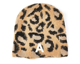 Personalized Embroidered Leopard Beanie, Women's Custom Initial Animal Print Fuzzy Beanie, Gift for Her, Warm Furry Custom Hat Cheetah Print