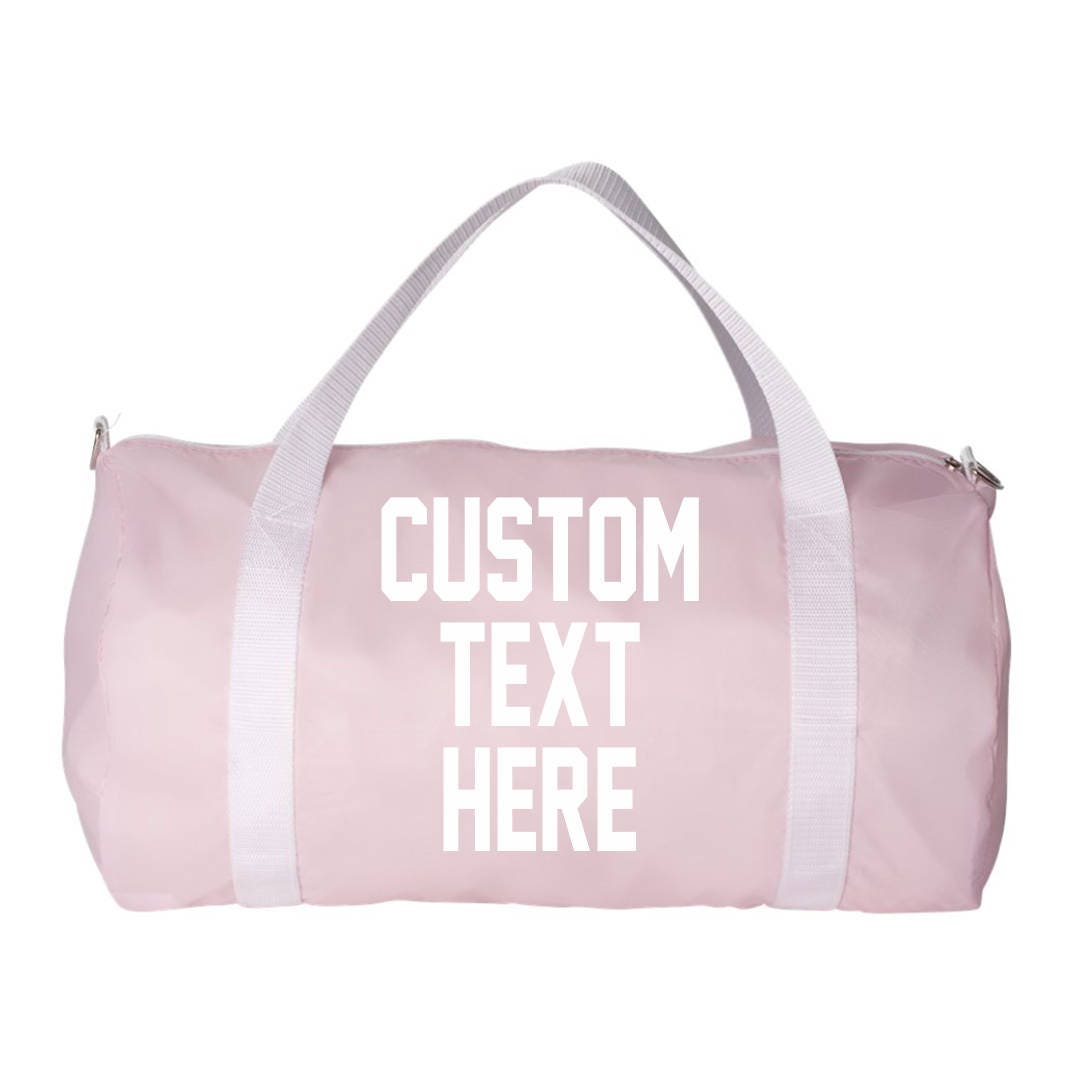 Custom Text Light Baby Pink Duffel Bag With White Straps Pink 