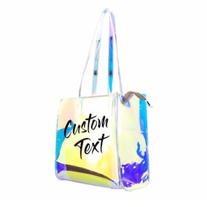 CUSTOM TEXT Large Clear Holographic Tote Bag Long Top Handle See Through Bag Customize Bachelorette Beach Bag Clear Waterproof Large Bag