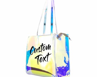 CUSTOM TEXT Large Clear Holographic Tote Bag Long Top Handle See Through Bag Customize Bachelorette Beach Bag Clear Waterproof Large Bag